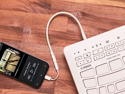 The FGDP-30 is connected to a smartphone via an audio cable. A music player app is being used on the smartphone.
