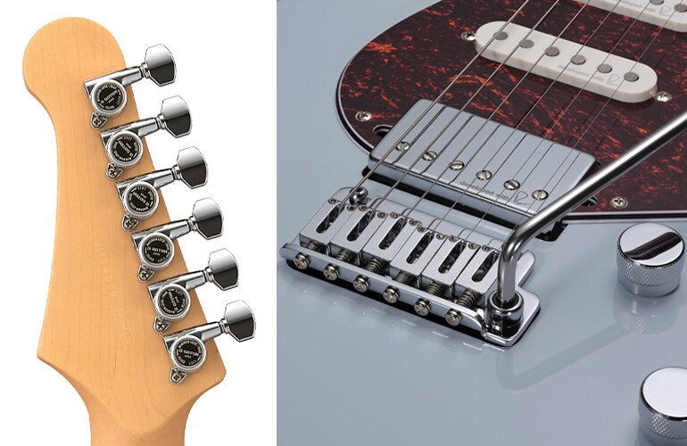 Närbild av stallet, pickuperna och kontrollerna på Yamaha Pacifica Standard Plus 12 Ice Blue