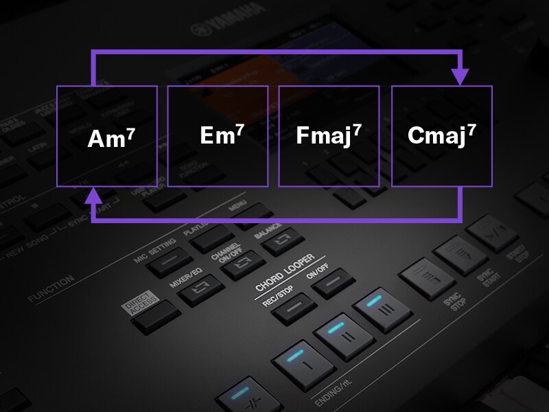 Illustration av funktionen Chord Looper som loopar en sekvens av ackord på en PSR-SX620.