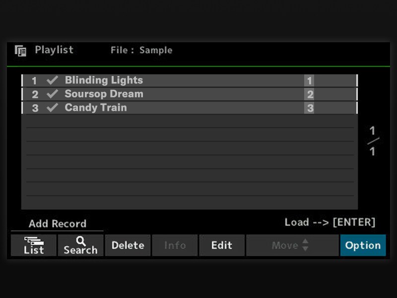 Playlist-skärmen på PSR-SX620 för organisering av låtar och inställningar.