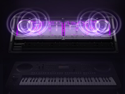 Genomskinlig vy av en högtalarlåda som illustrerar vibrationer och ett kraftfullt ljud.