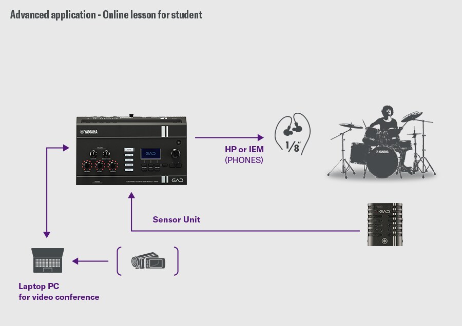 Diagram som visar EAD20 ansluten till en dator eller smart enhet för trumlektioner online.