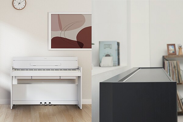 Ett ARIUS-piano som smälter in i vardagsrummets inredning, och ett ARIUS-piano med en planare och mer kompakt design tack vare att locket är stängt