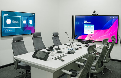 Dubai training facility meeting room with conference table, video displays, and presentation equipment.