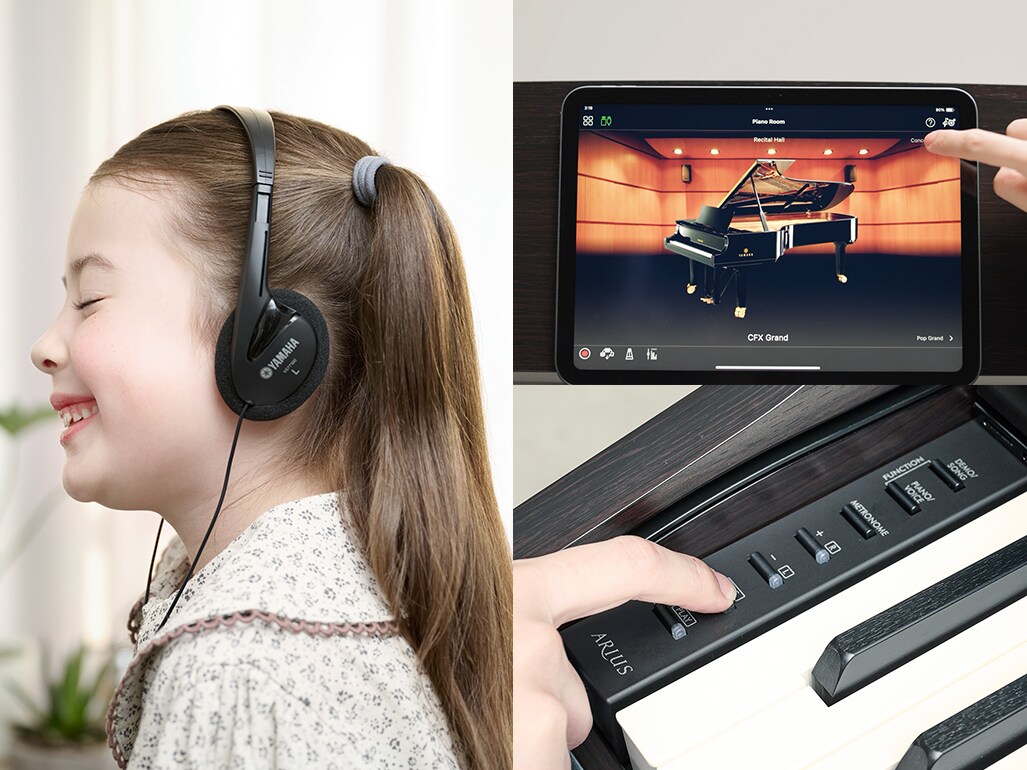 Övning på digitalpianot med hörlurar, användning av appen Smart Pianist och inspelning med pianots inbyggda kontroller.