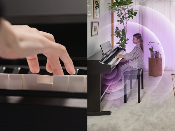 Den uttrycksfulla spelkänslan i den nya ARIUS-klaviaturen och ljudvågor som sprider sig från ett ARIUS-piano i ett vardagsrum