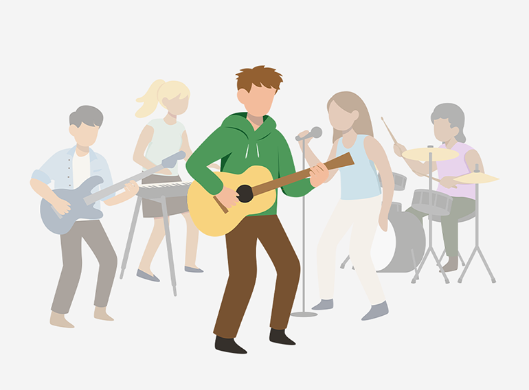 En man som tycker om att använda musikövningsappen Extrack för att jamma med andra instrument.