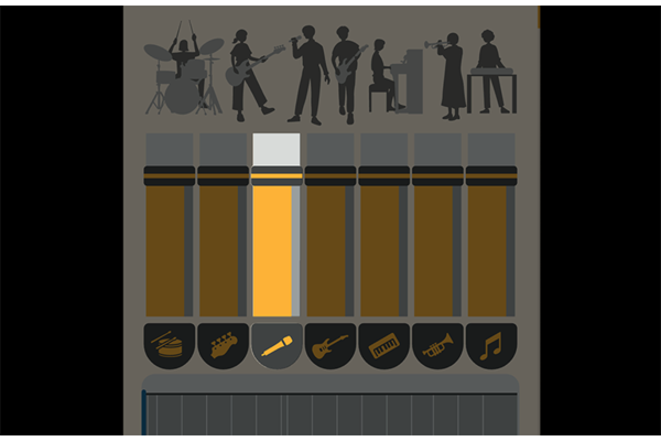En skärmdump av en ljudkälla uppdelad i olika delar, såsom gitarrer, sång, trummor, bas, piano och blåsinstrument.